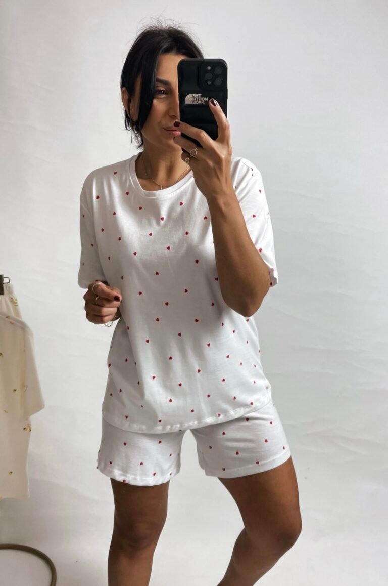 Red Heart Patterned Shorts Pajama Set