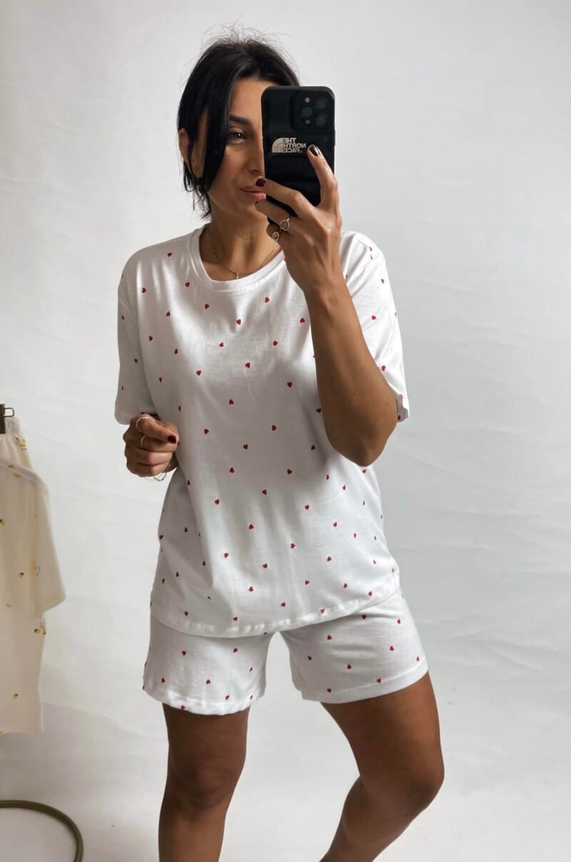 Red Heart Patterned Shorts Pajama Set