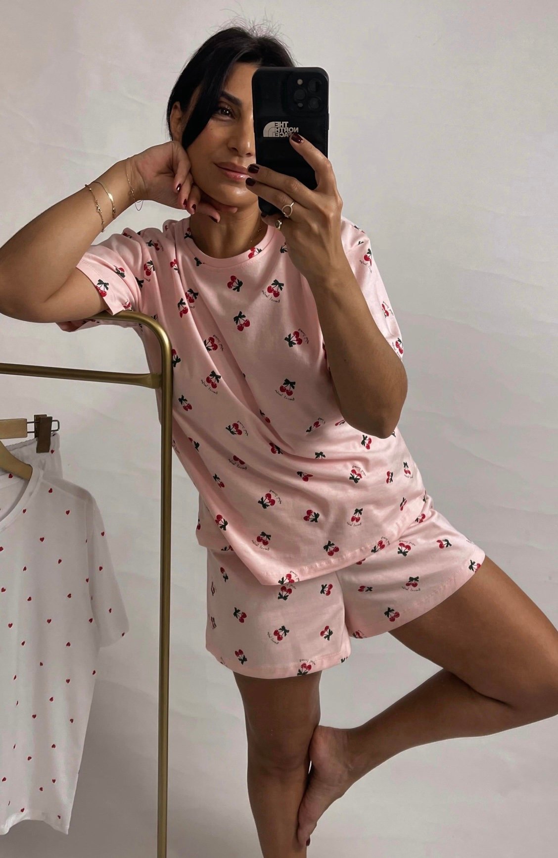 Powder Pink Cherry Patterned Shorts Pajama Set - Image 5