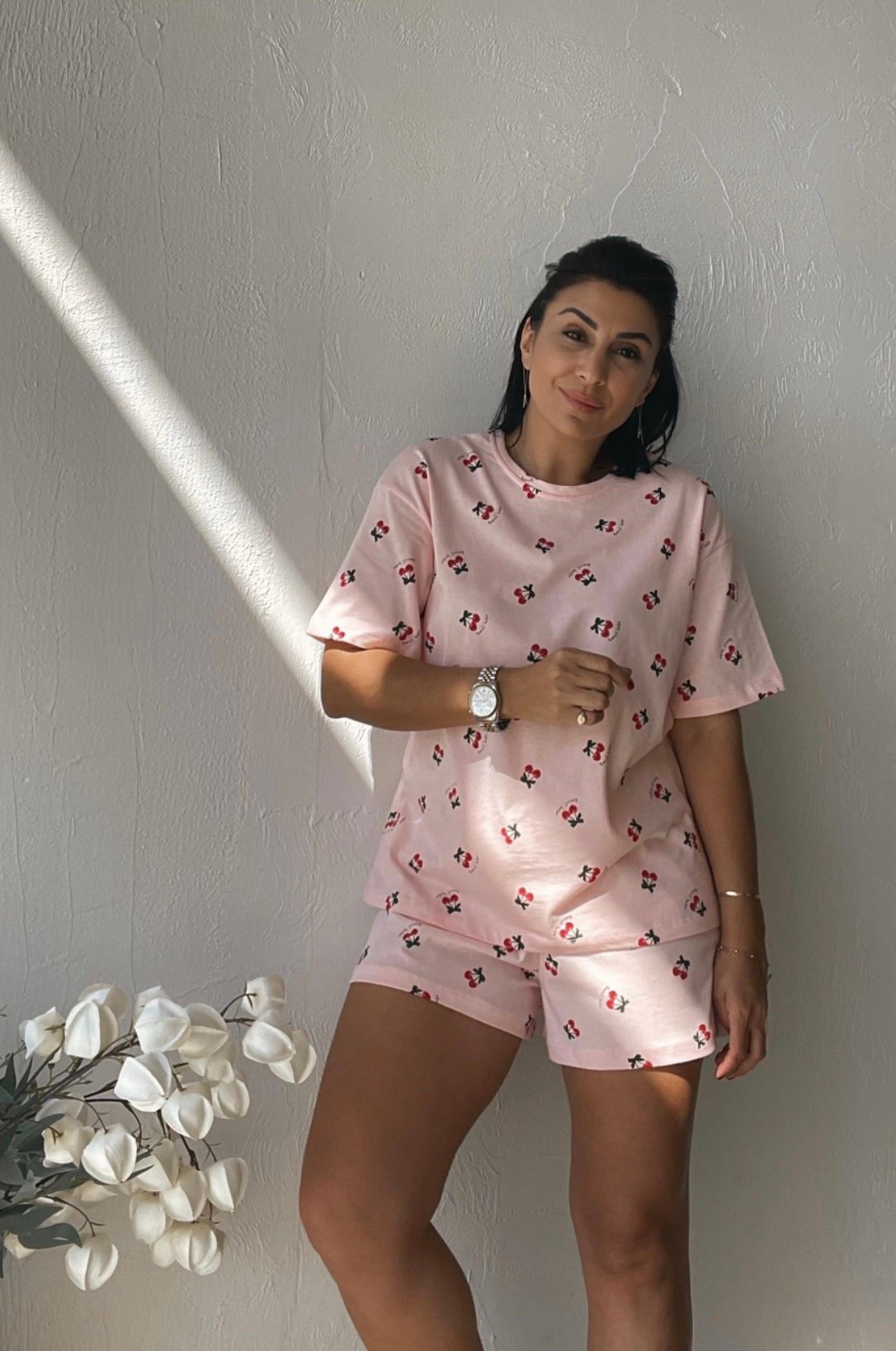 Powder Pink Cherry Patterned Shorts Pajama Set - Image 3