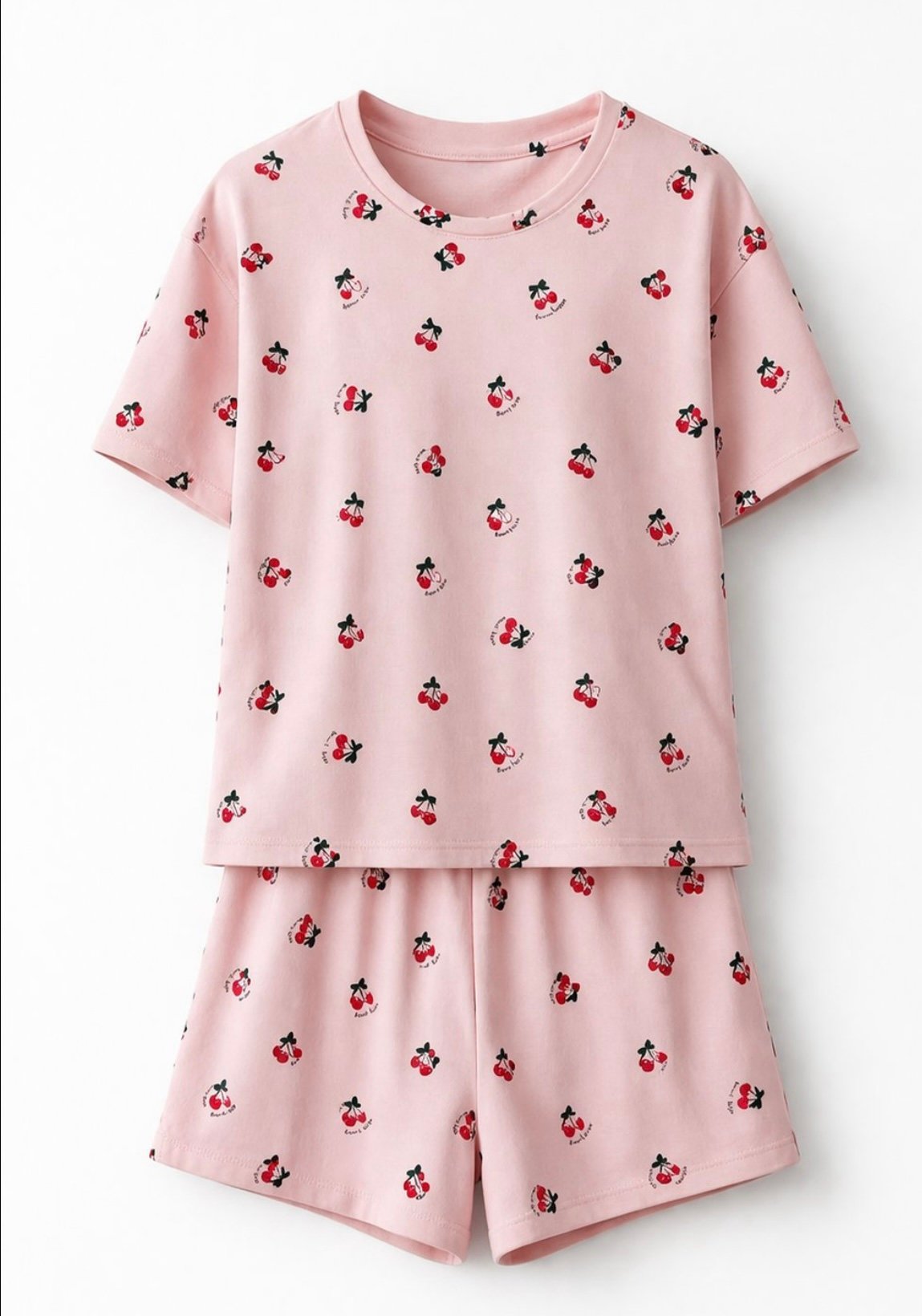 Powder Pink Cherry Patterned Shorts Pajama Set - Image 6