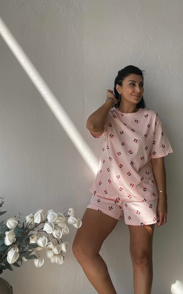 Powder Pink Cherry Patterned Shorts Pajama Set