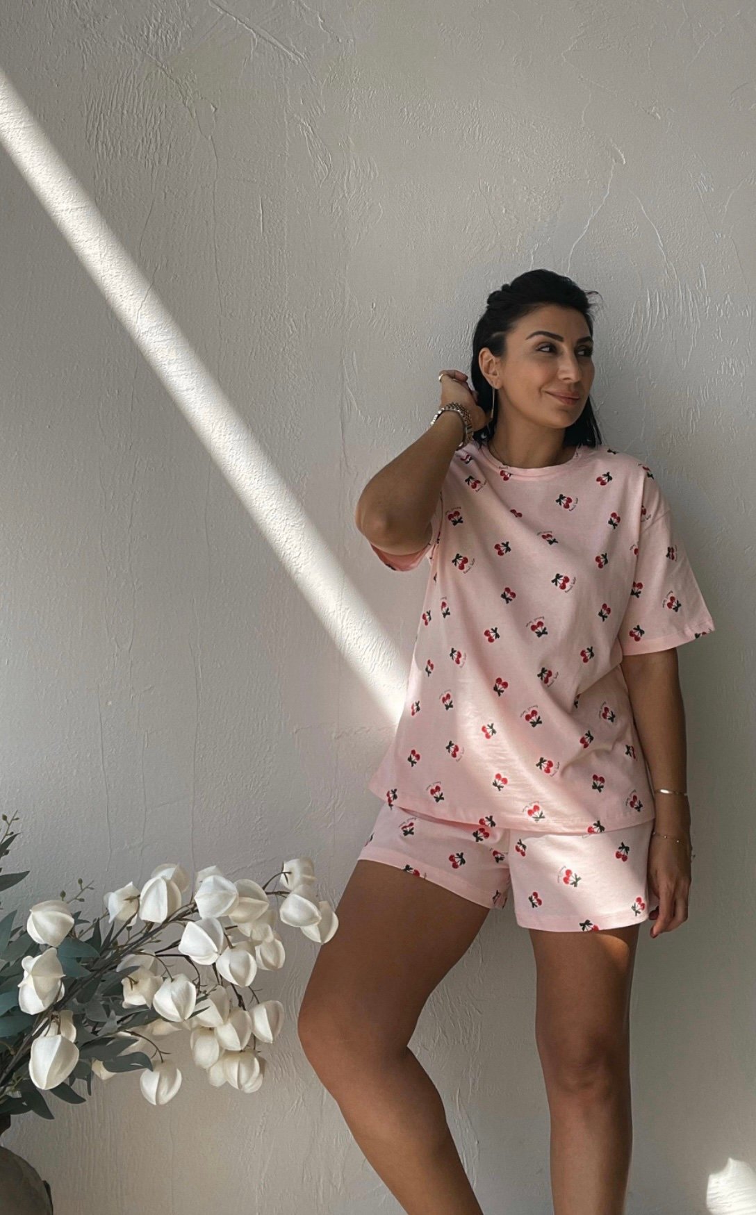 Powder Pink Cherry Patterned Shorts Pajama Set