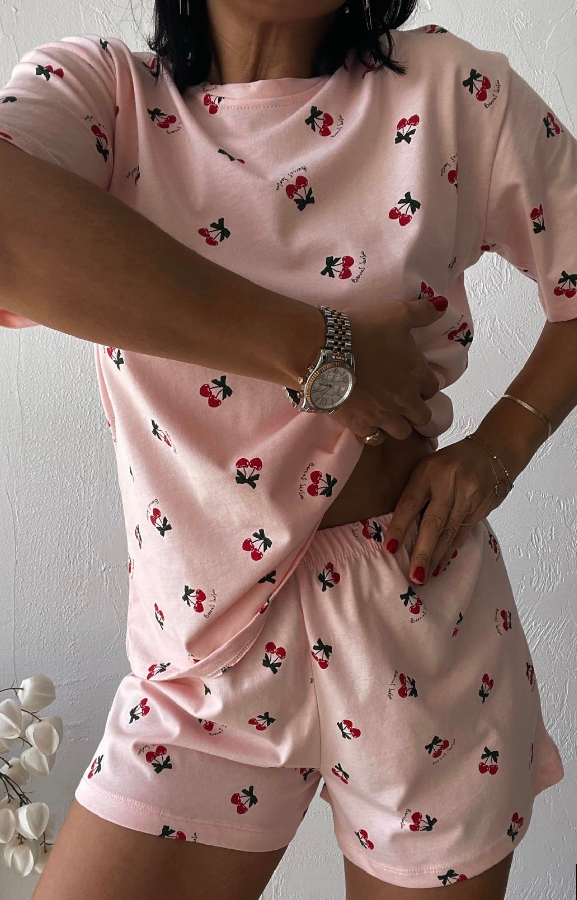 Powder Pink Cherry Patterned Shorts Pajama Set - Image 2