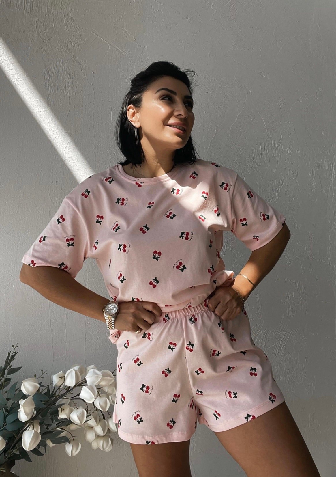Powder Pink Cherry Patterned Shorts Pajama Set - Image 4