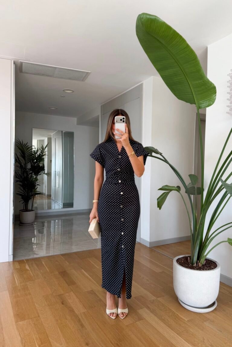 Polka Dot Denim Dress - Navy Blue