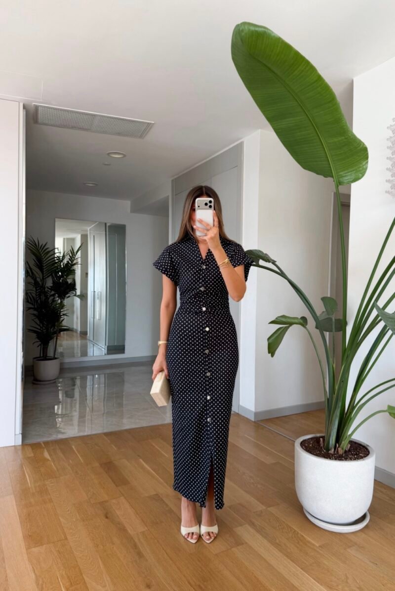 Polka Dot Denim Dress - Navy Blue