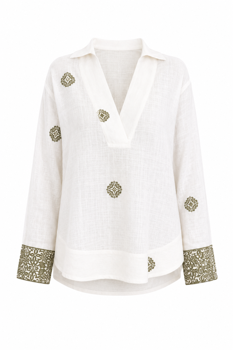 Khaki Ethnic Patterned Off-White Bohemian Shirt