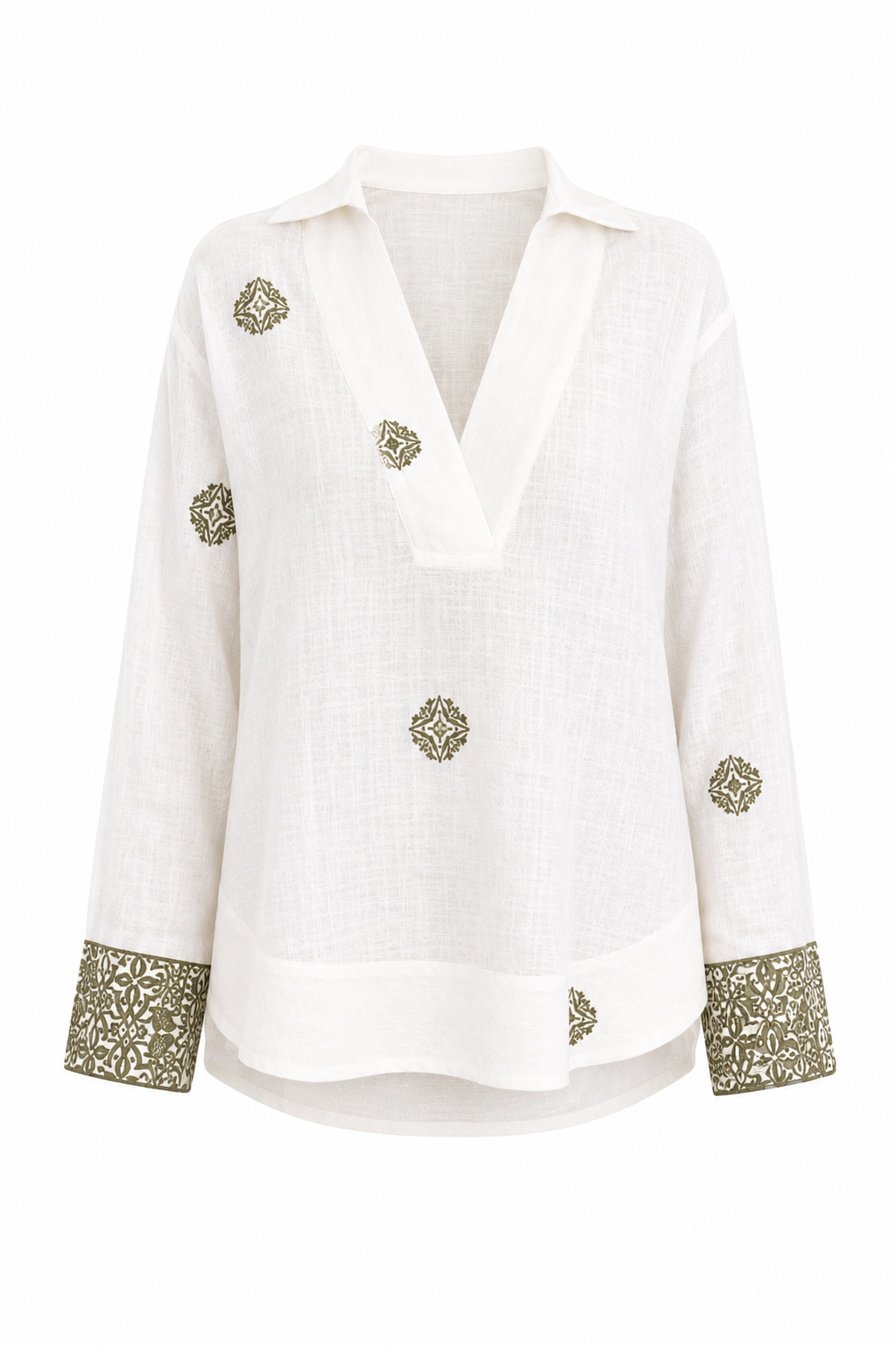 Khaki Ethnic Patterned Off-White Bohemian Shirt