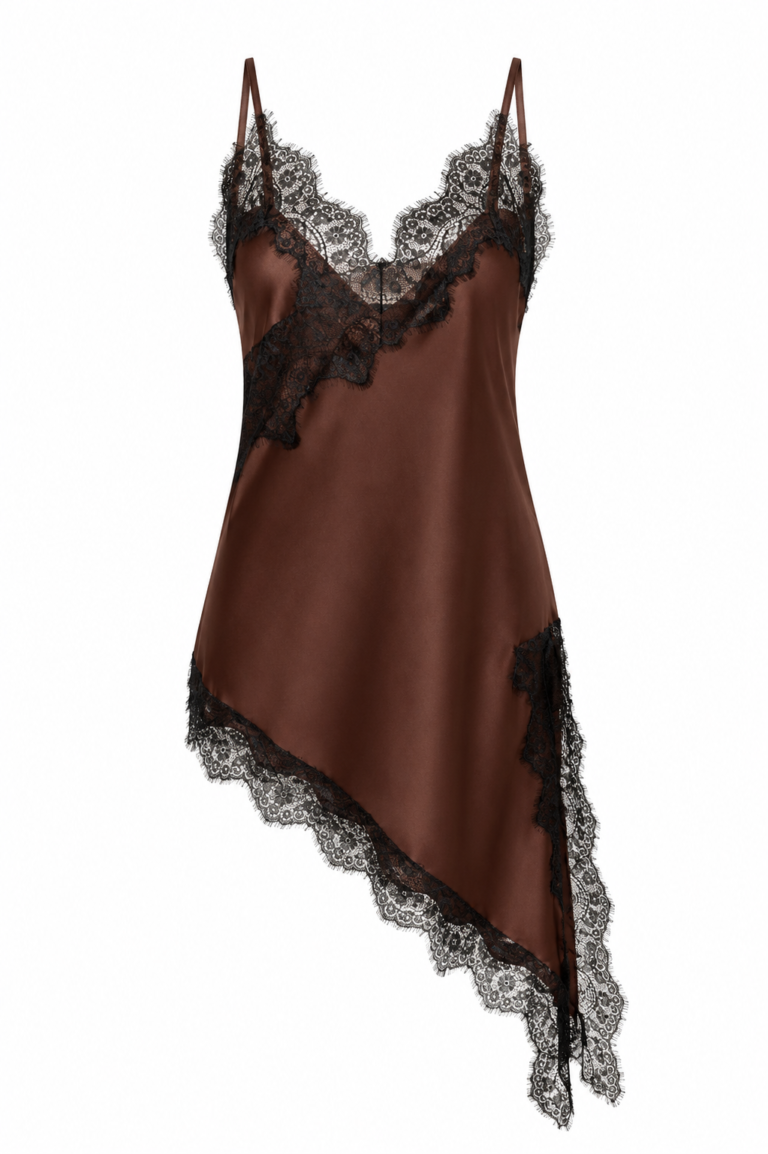 Coffee Asymmetrical Lace Blouse