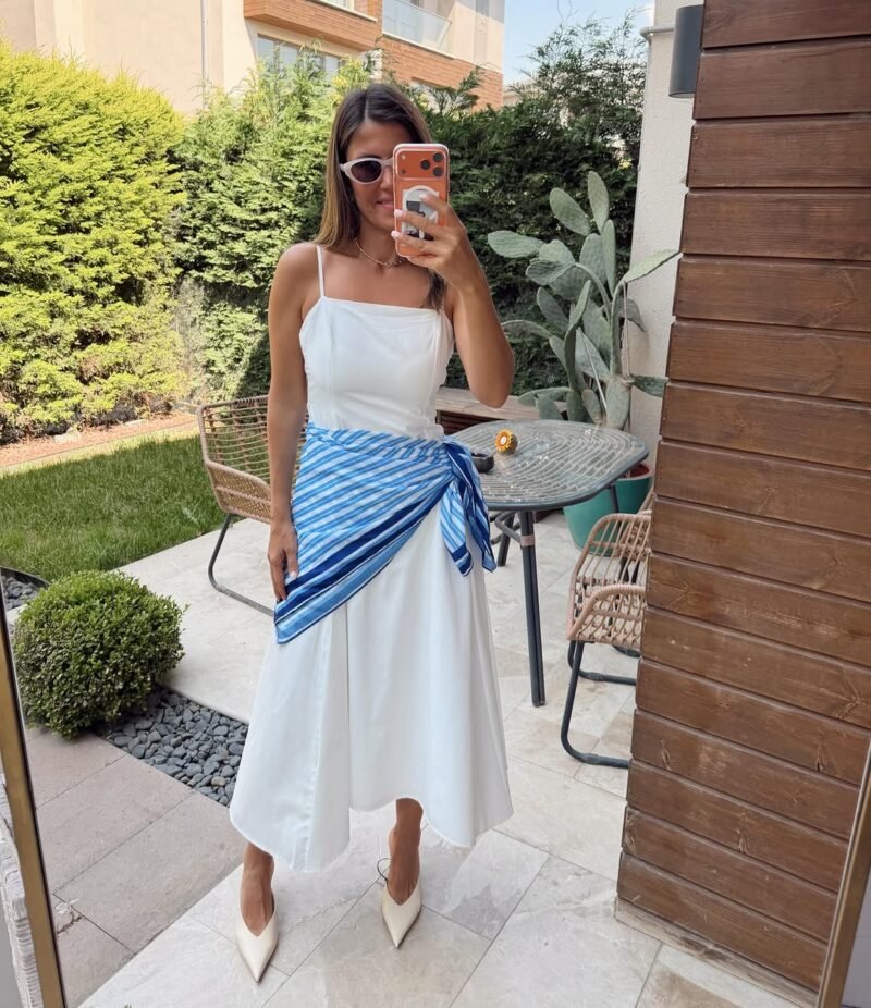 White dress with a scarf