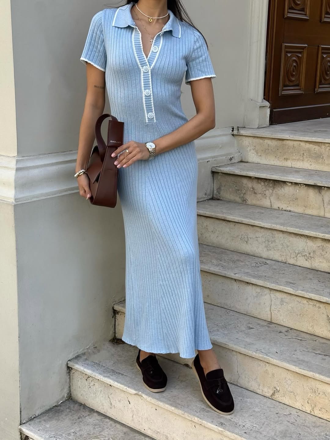 Fitted Knit Maxi Polo Dress - Elegant Ribbed Long Dress, Chic Everyday Women's Outfit - Image 9