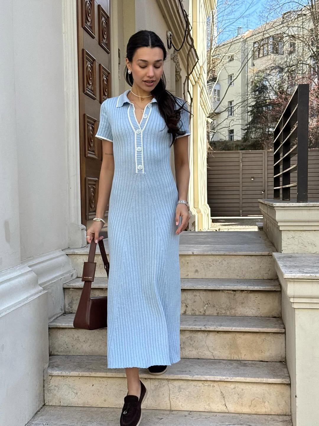 Fitted Knit Maxi Polo Dress - Elegant Ribbed Long Dress, Chic Everyday Women's Outfit - Image 8