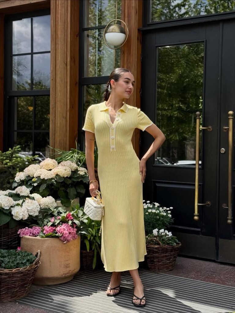 Fitted Knit Maxi Polo Dress - Elegant Ribbed Long Dress, Chic Everyday Women's Outfit