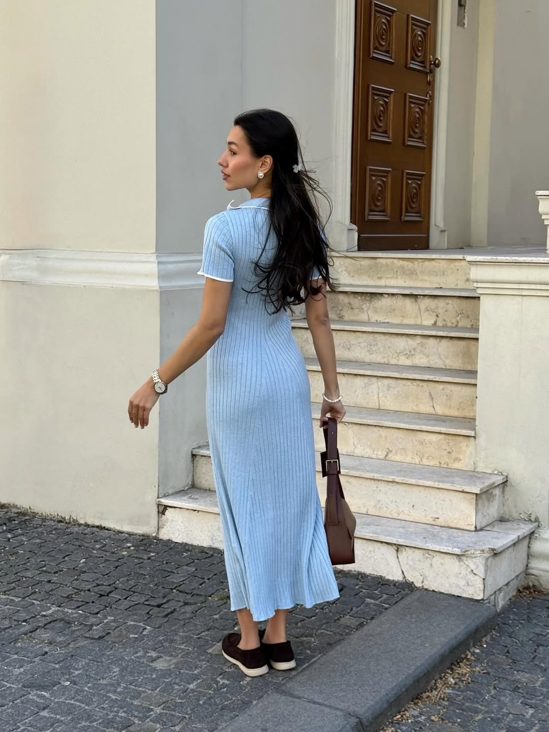 Fitted Knit Maxi Polo Dress - Elegant Ribbed Long Dress, Chic Everyday Women's Outfit - Image 10