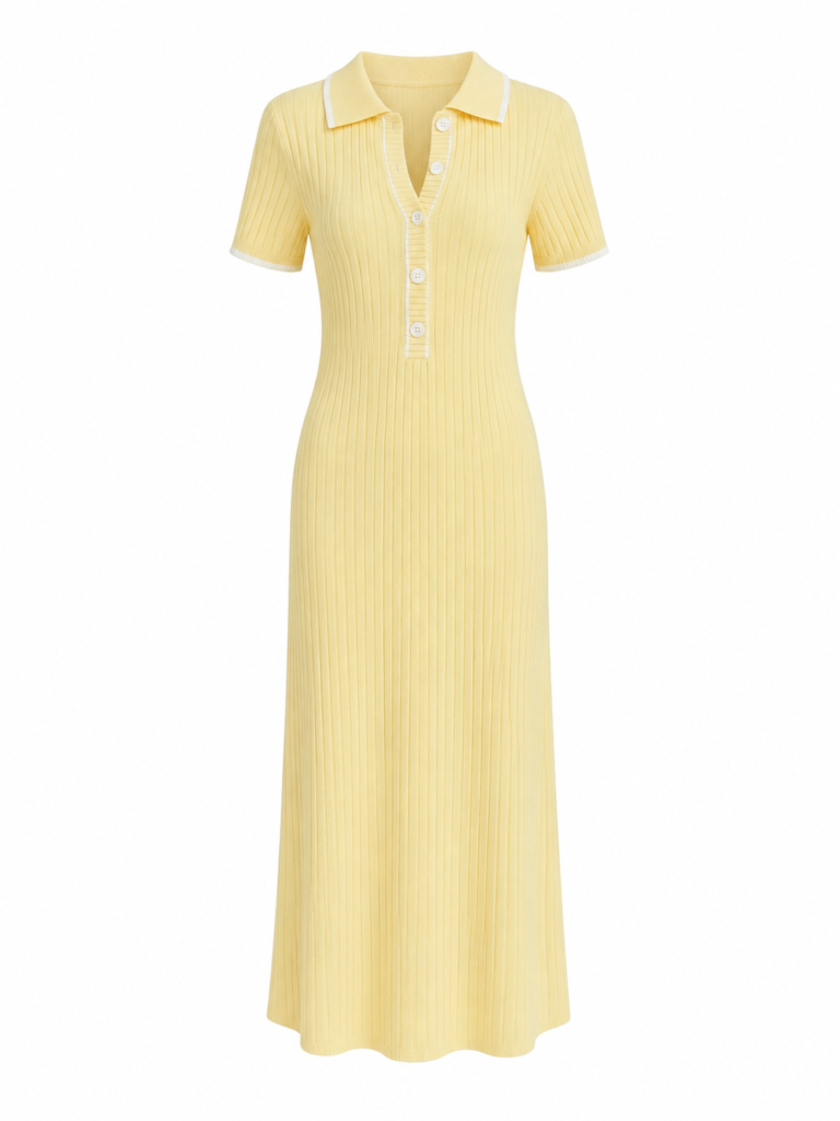 Fitted Knit Maxi Polo Dress - Elegant Ribbed Long Dress, Chic Everyday Women's Outfit