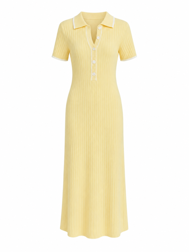 Fitted Knit Maxi Polo Dress - Elegant Ribbed Long Dress, Chic Everyday Women's Outfit