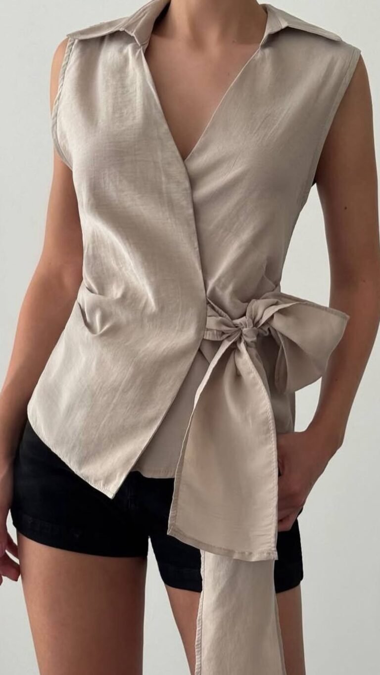 Quzu Front Tie Detail Blouse Stone