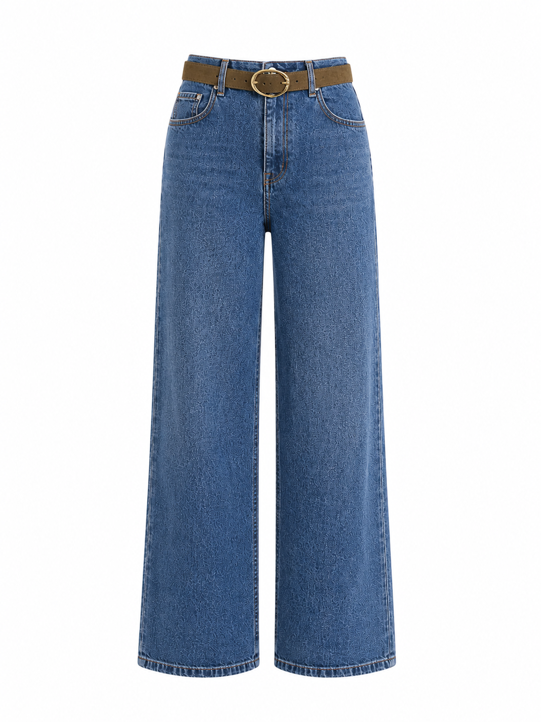 Khaki Suede Belted High-Waisted Jeans - Blue