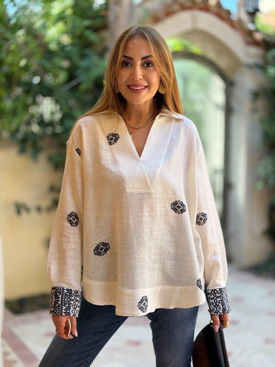 Blue Ethnic Patterned Off-White Bohemian Shirt - Image 3