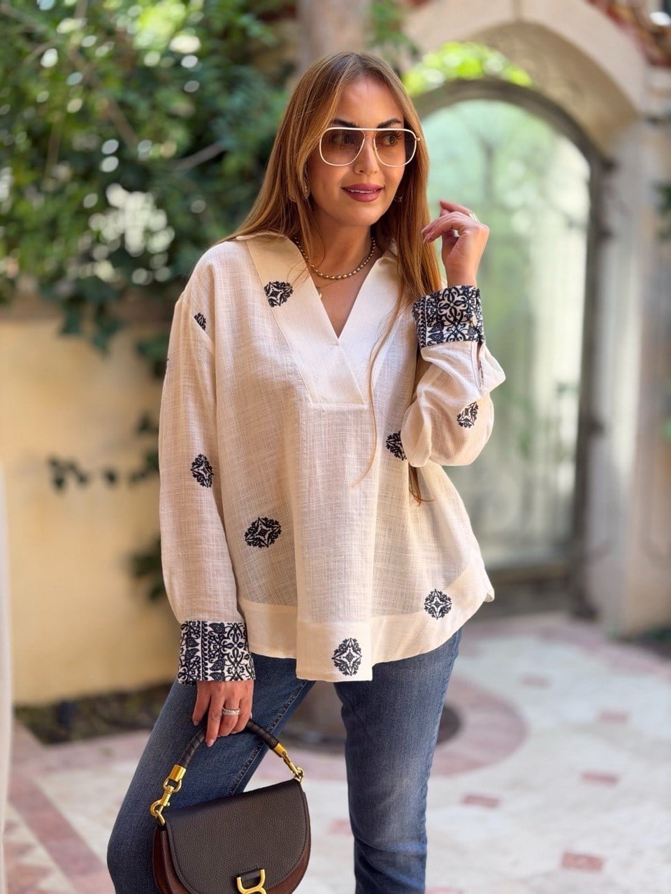 Blue Ethnic Patterned Off-White Bohemian Shirt - Image 4