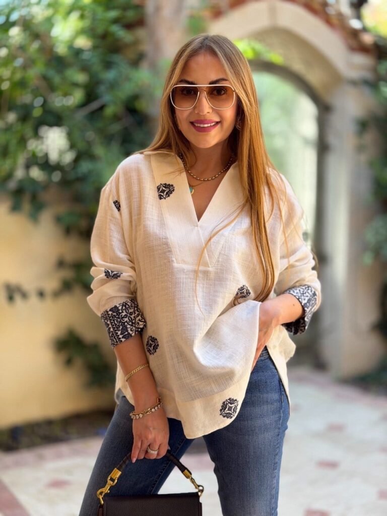 Blue Ethnic Patterned Off-White Bohemian Shirt