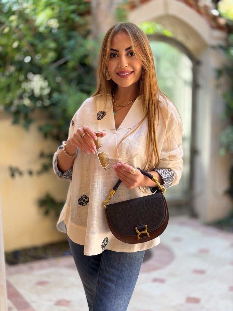 Blue Ethnic Patterned Off-White Bohemian Shirt - Image 5