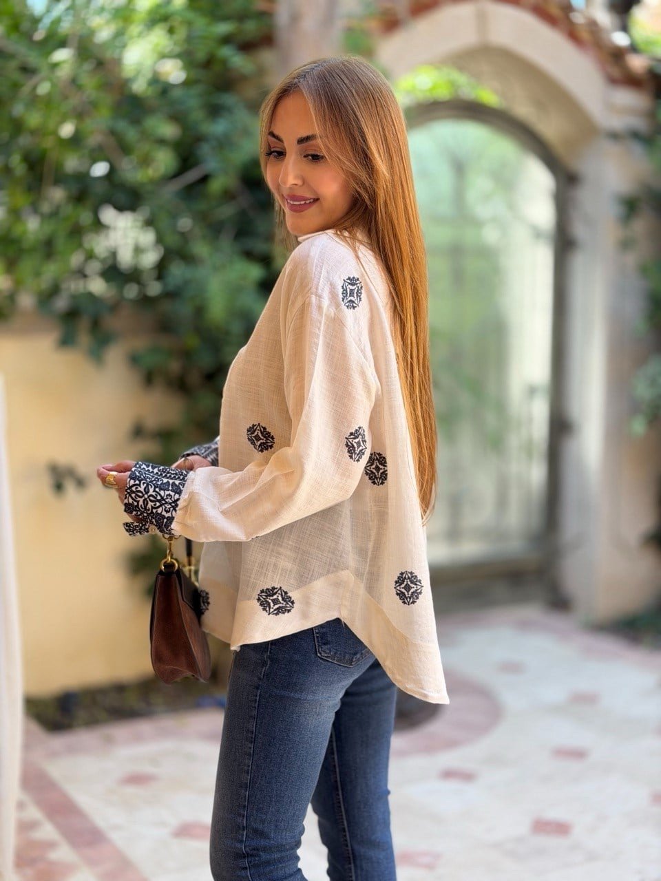 Blue Ethnic Patterned Off-White Bohemian Shirt - Image 6