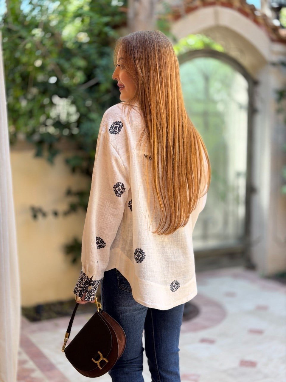 Blue Ethnic Patterned Off-White Bohemian Shirt - Image 7