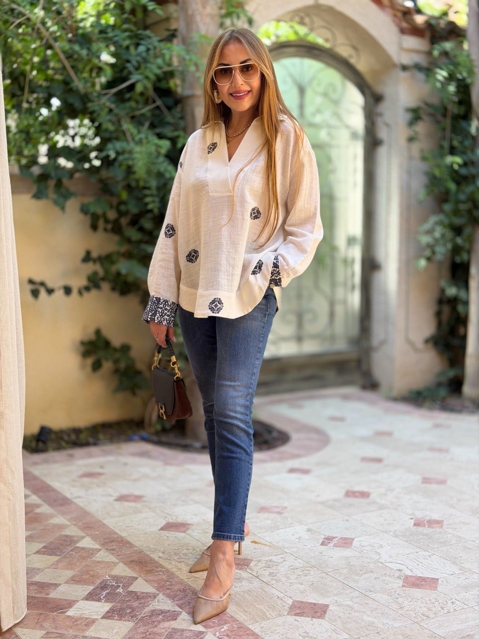Blue Ethnic Patterned Off-White Bohemian Shirt - Image 2