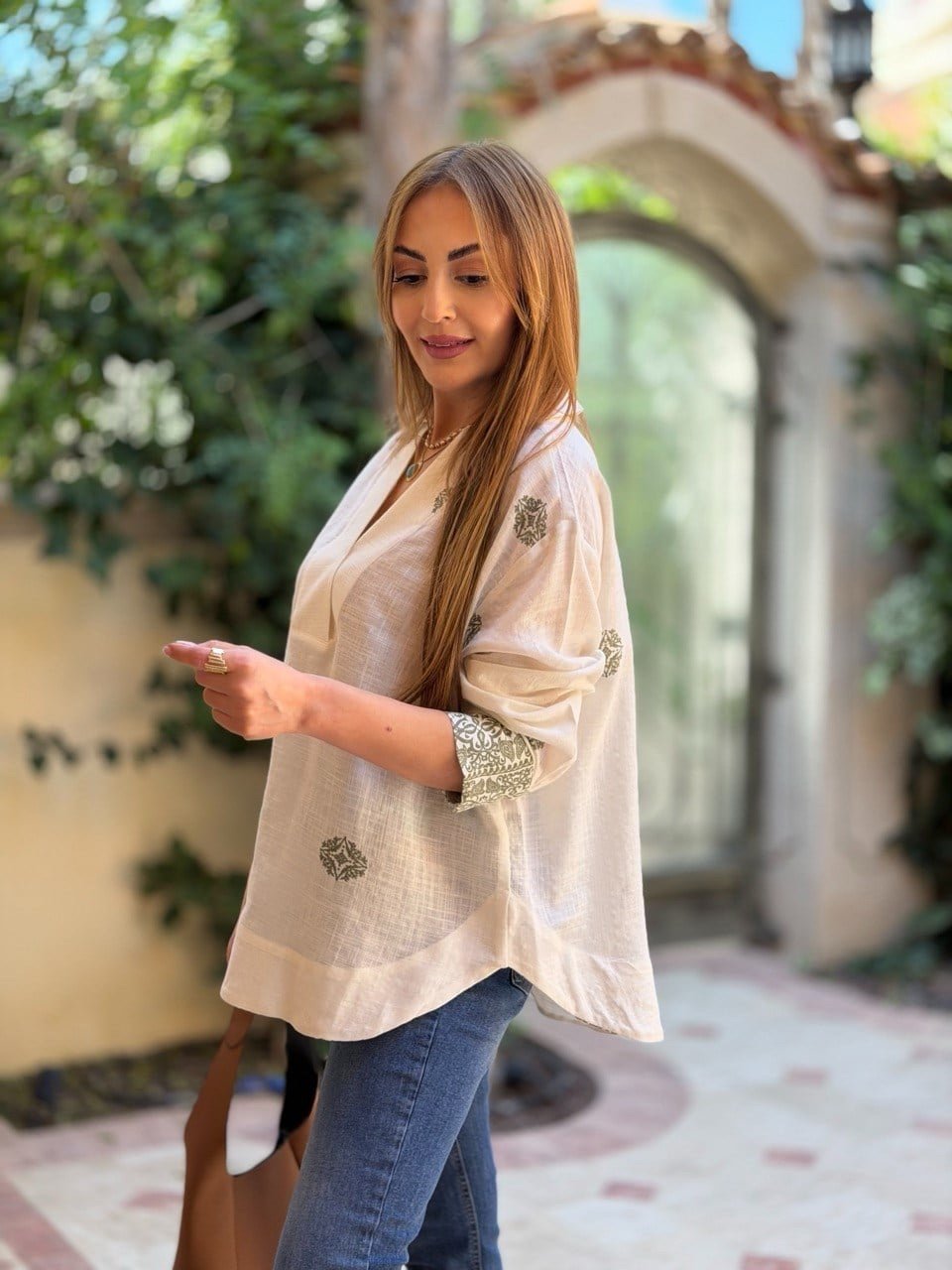 Khaki Ethnic Patterned Off-White Bohemian Shirt - Image 4