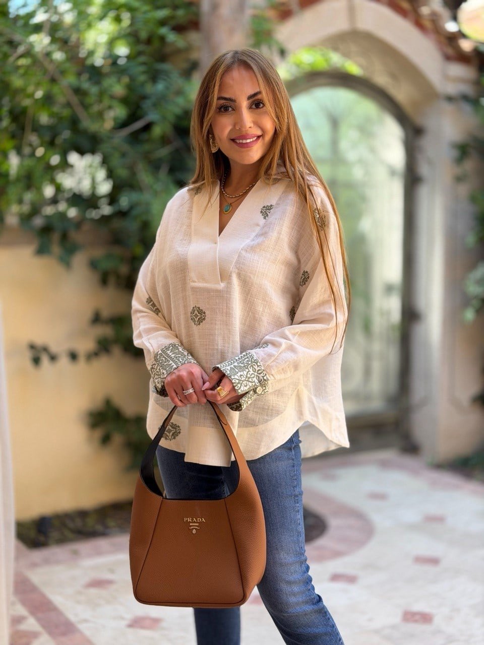 Khaki Ethnic Patterned Off-White Bohemian Shirt - Image 3