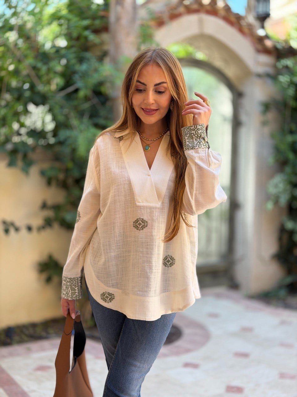 Khaki Ethnic Patterned Off-White Bohemian Shirt - Image 2