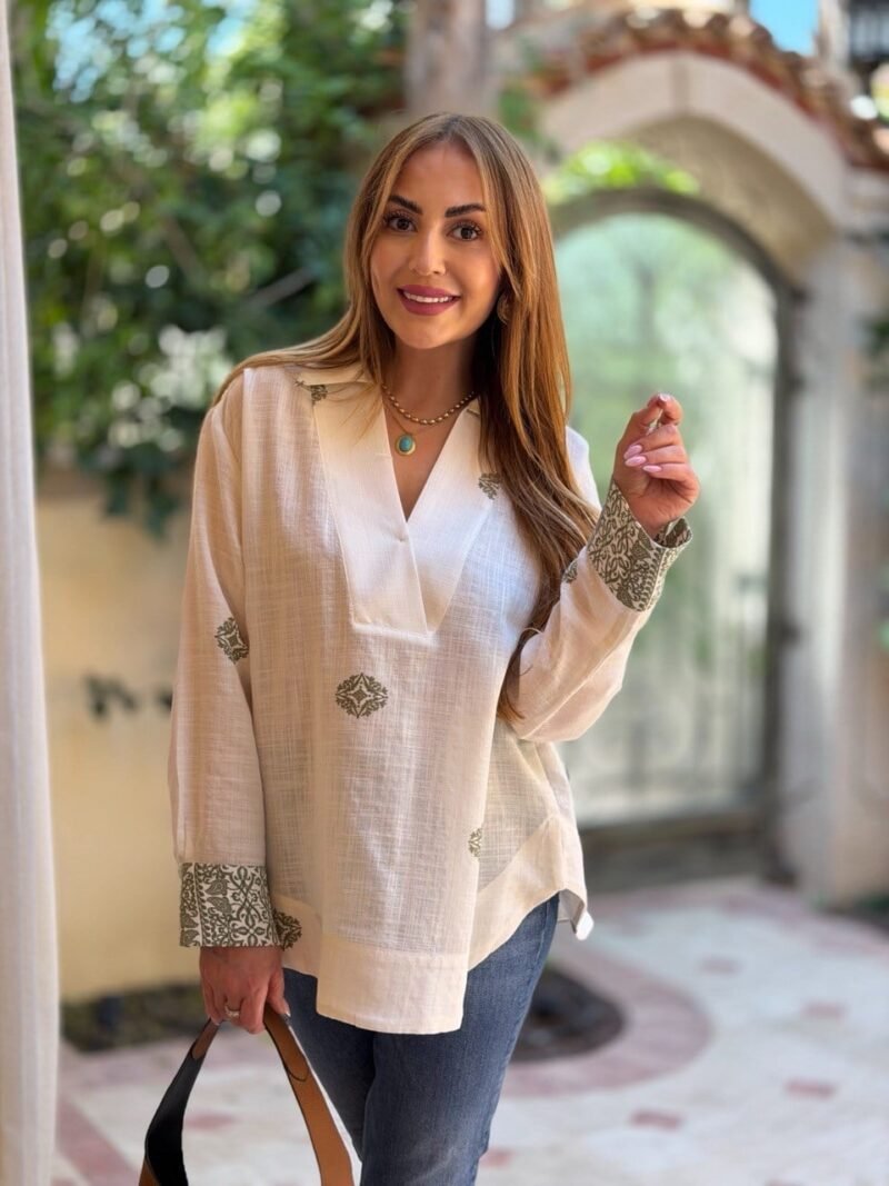 Khaki Ethnic Patterned Off-White Bohemian Shirt