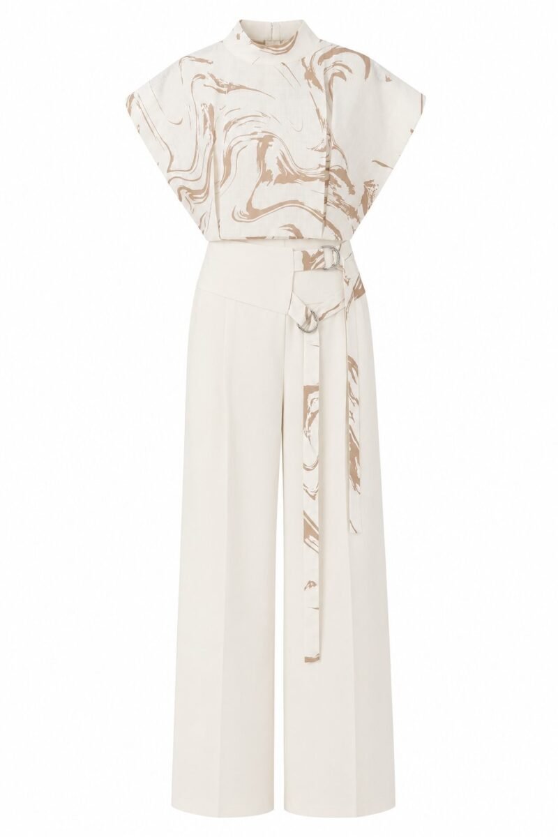 Patterned Design High-Neck Blouse and Palazzo Pants Set with Belt Detail