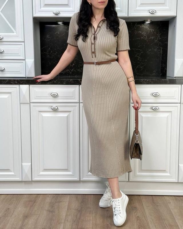 Fitted Knit Maxi Polo Dress - Elegant Ribbed Long Dress, Chic Everyday Women's Outfit - Image 11