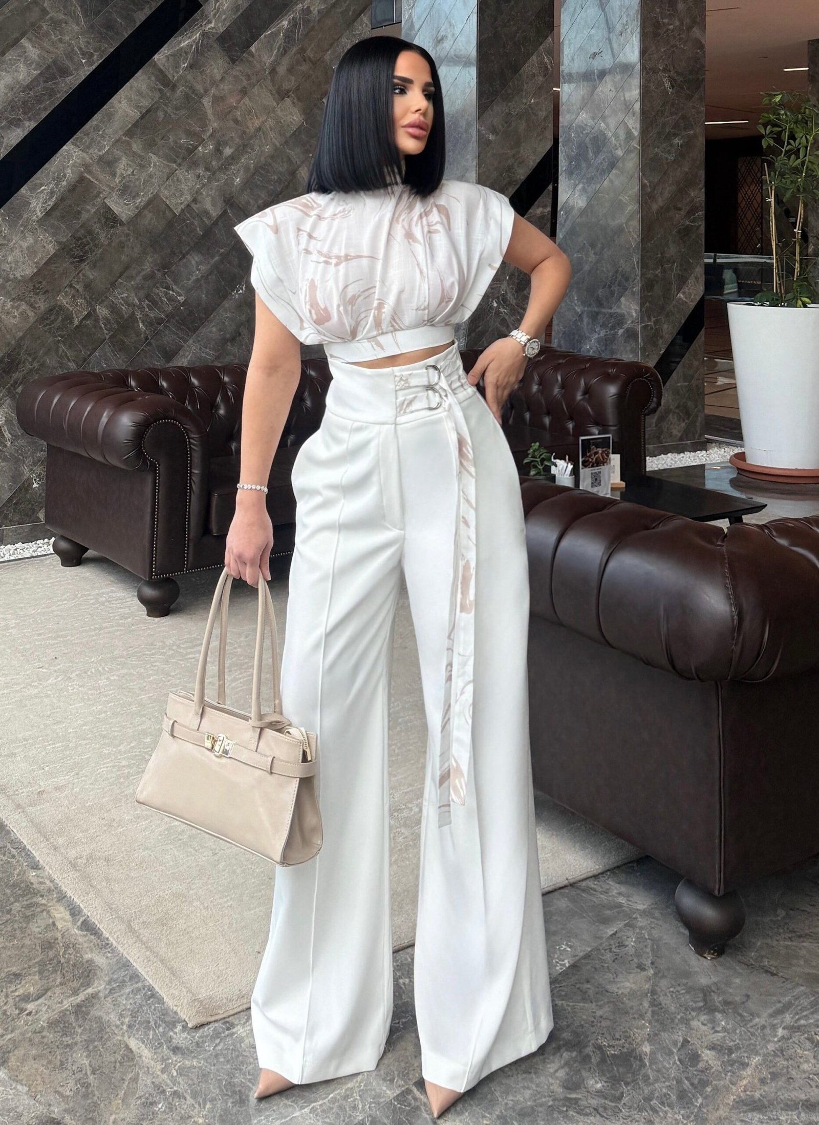 Patterned Design High-Neck Blouse and Palazzo Pants Set with Belt Detail - Image 6