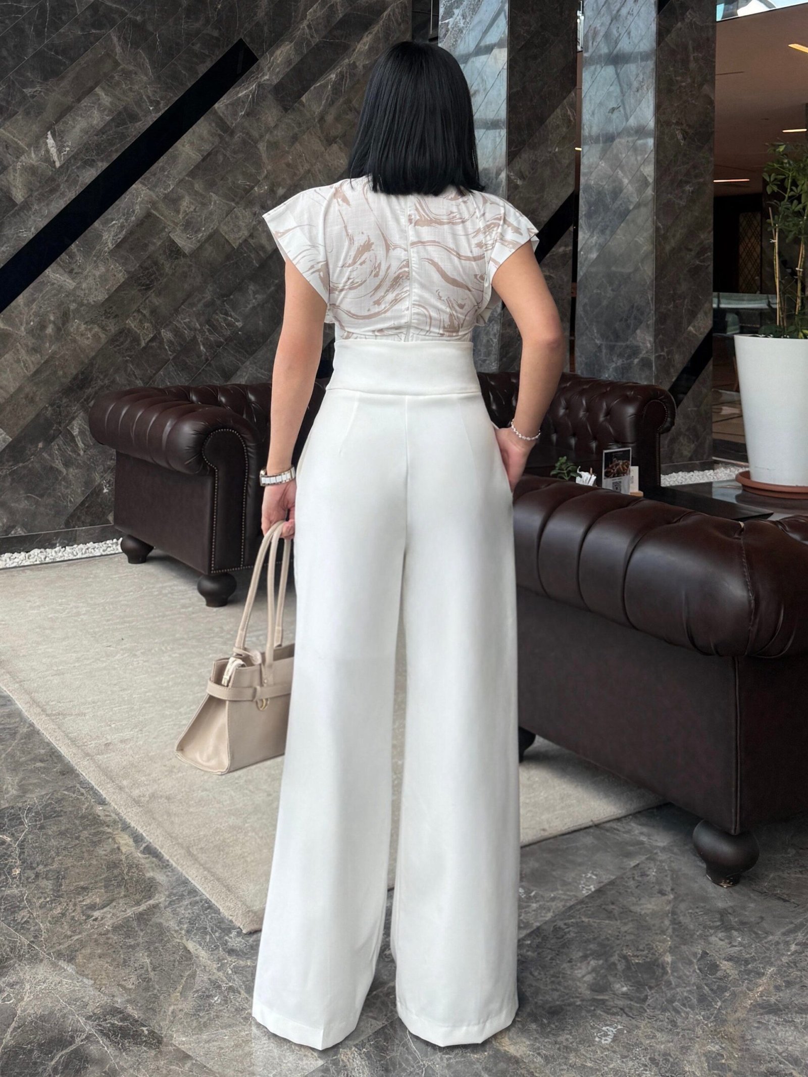 Patterned Design High-Neck Blouse and Palazzo Pants Set with Belt Detail - Image 7