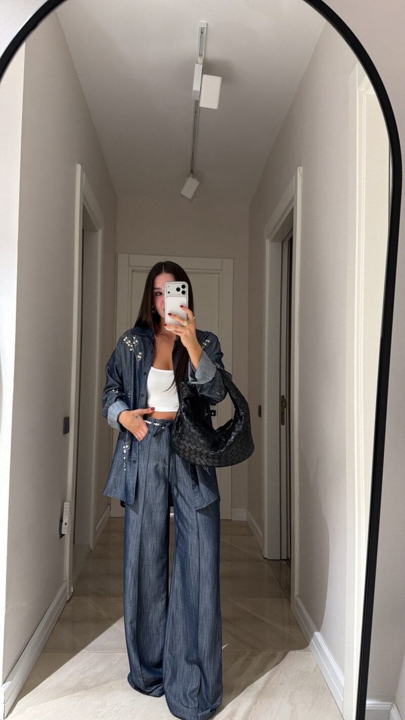 Navy Blue Denim Pants with Chain Accessory, Navy Blue Denim Shirt with Stone Embroidery