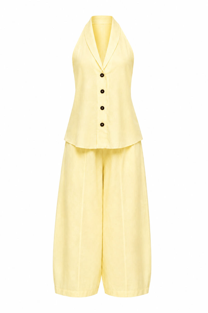 100% Linen Vest and Trousers Set - Butter yellow