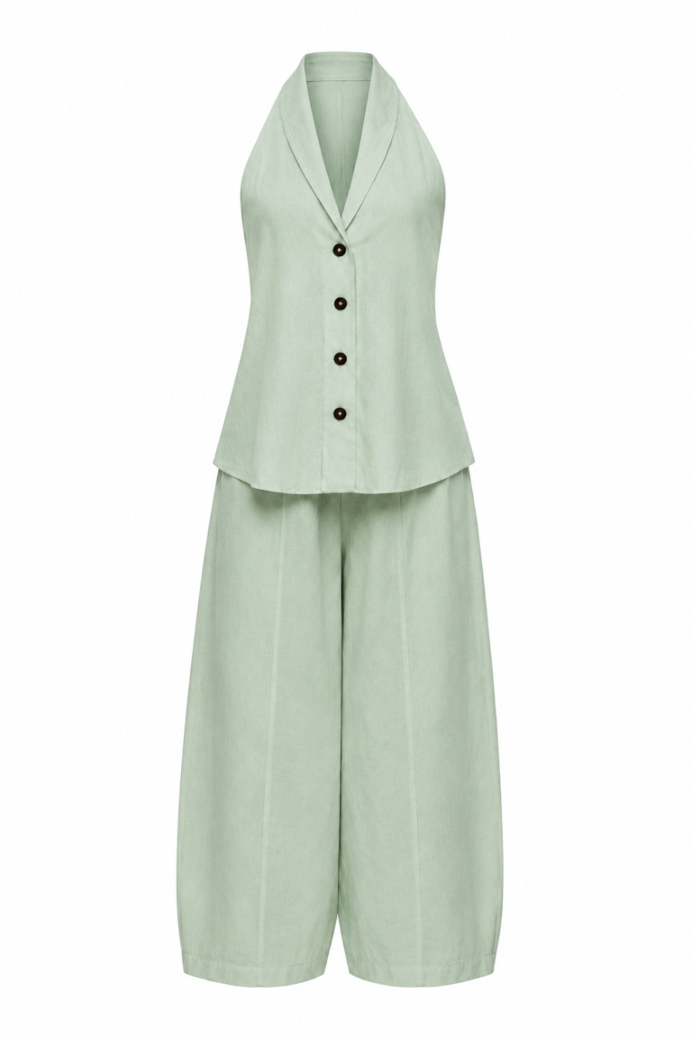 100% Linen Vest and Trousers Set - Mint