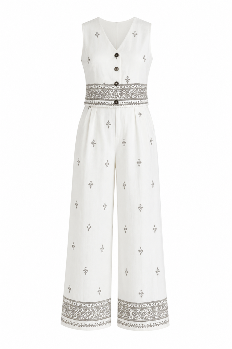 Stone Ethnic Pattern Vest and Trousers Linen Set
