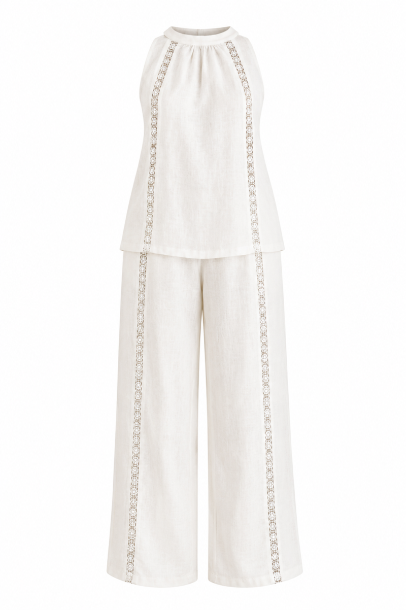 Lace Trimmed Pure  Linen Trousers  And Bluz - Ecru