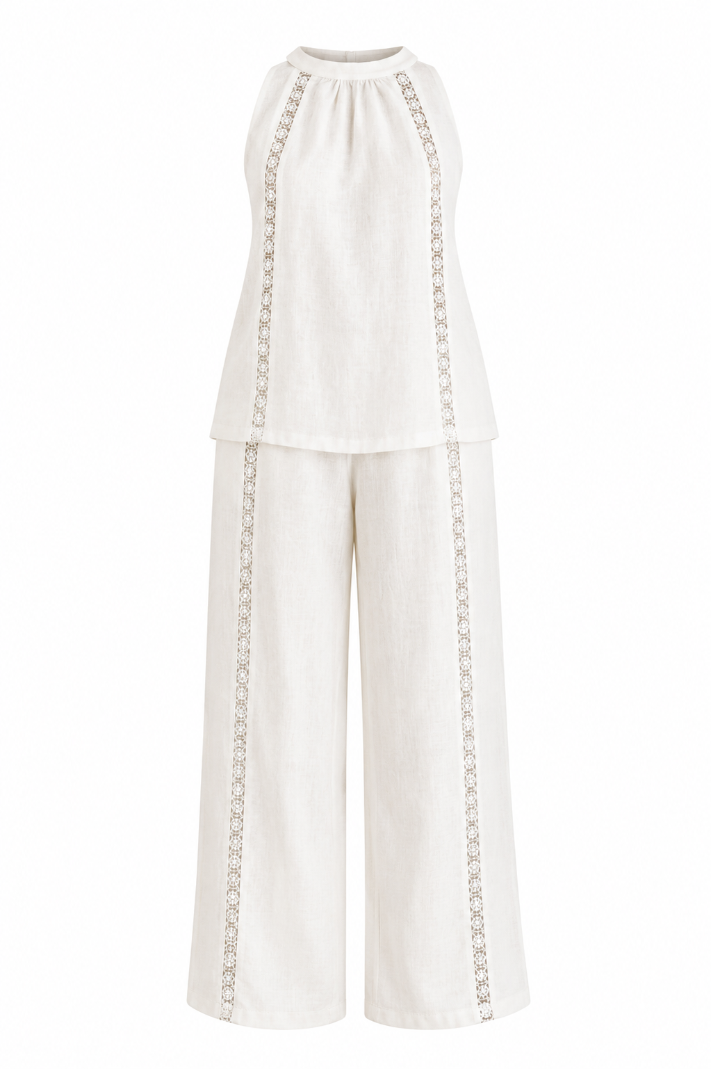 Lace Trimmed Pure Linen Trousers And Bluz - Ecru