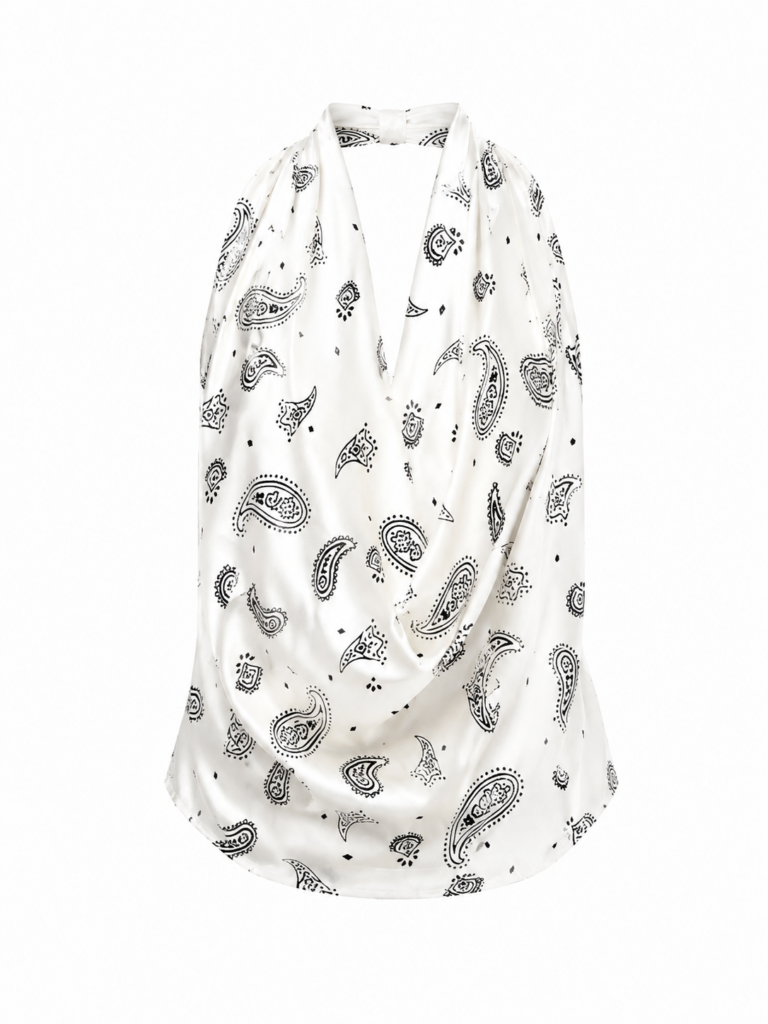 Ethnic Patterned V-Neck Backless Satin Blouse- Ecru