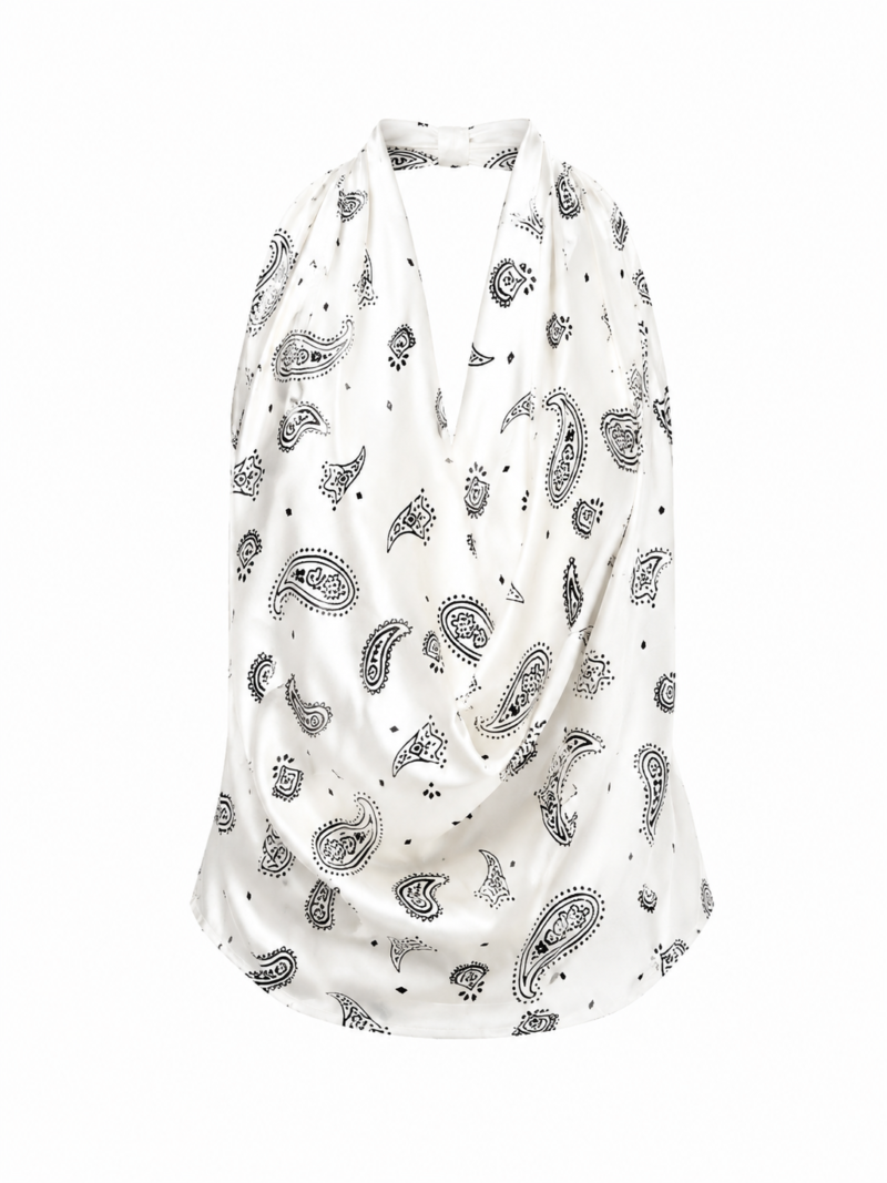 Ethnic Patterned V-Neck Backless Satin Blouse- Ecru