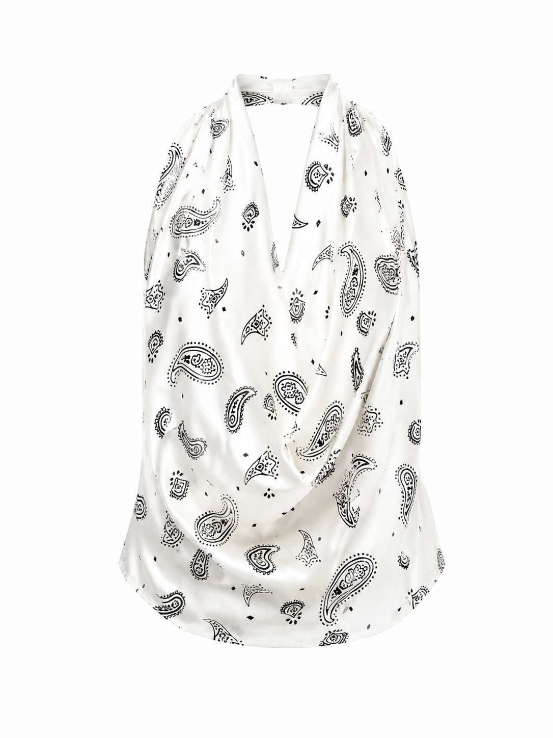Ethnic Patterned V-Neck Backless Satin Blouse- Ecru