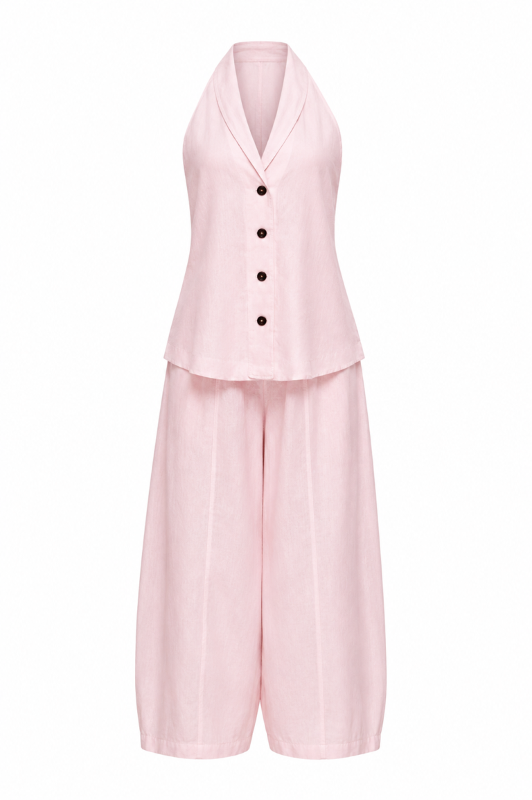 100% Linen Vest and Trousers Set - Baby pink