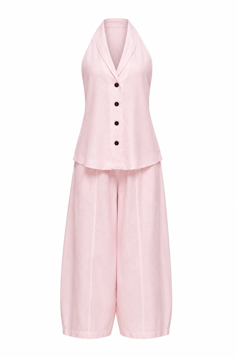 100% Linen Vest and Trousers Set - Baby pink