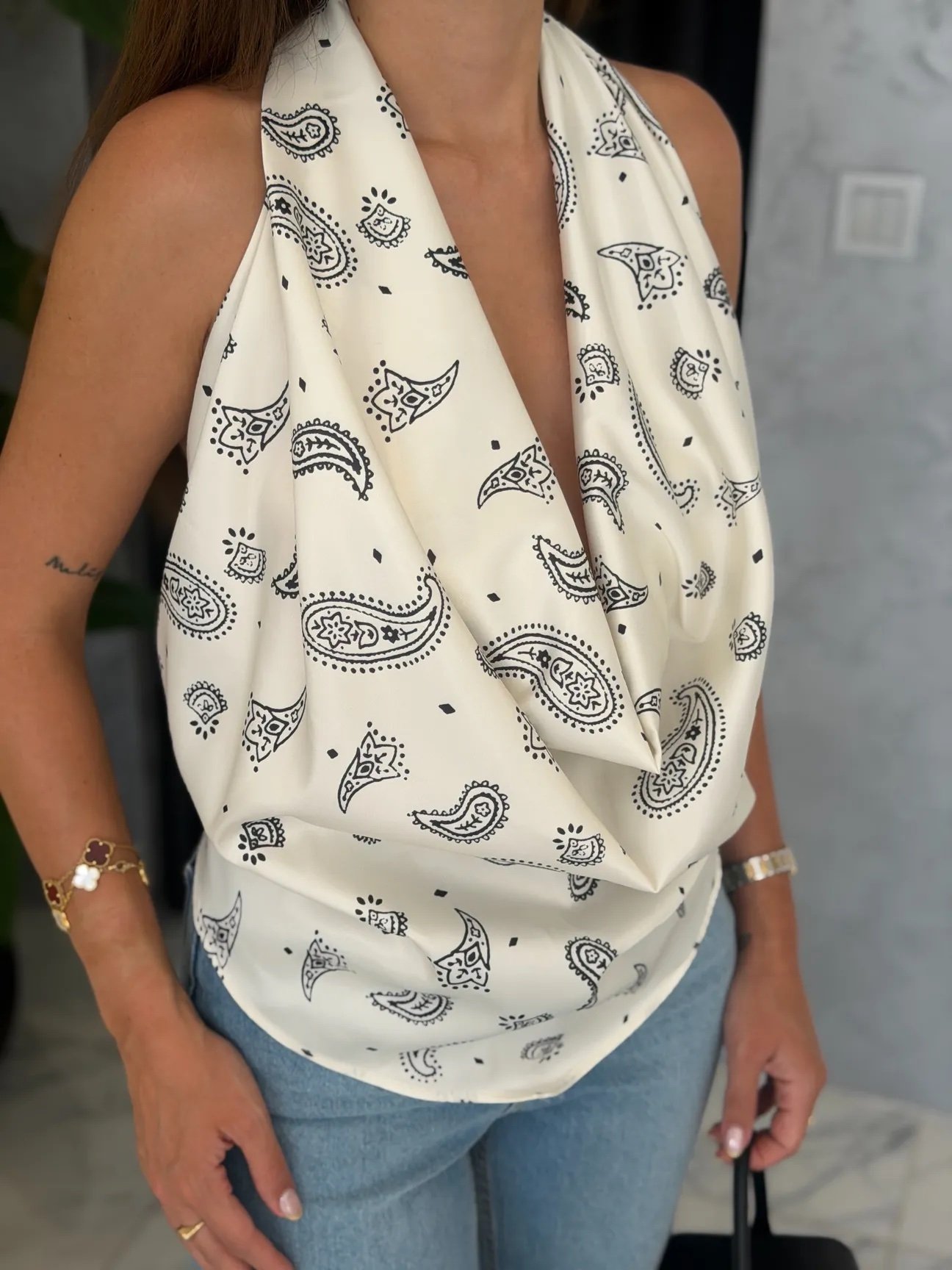 Ethnic Patterned V-Neck Backless Satin Blouse- Ecru - Image 5